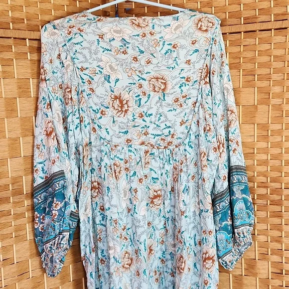 Temofon, Bohemian Teal, Blue, Brown, Floral  Fall, Spring Longsleeve Dress Sz XL - Picture 7 of 10